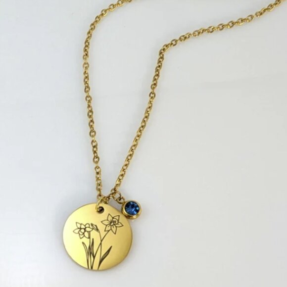 Handmade Gold Birth Flower & Birthstone on 16" Cable Chain Necklace - Picture 1 of 11